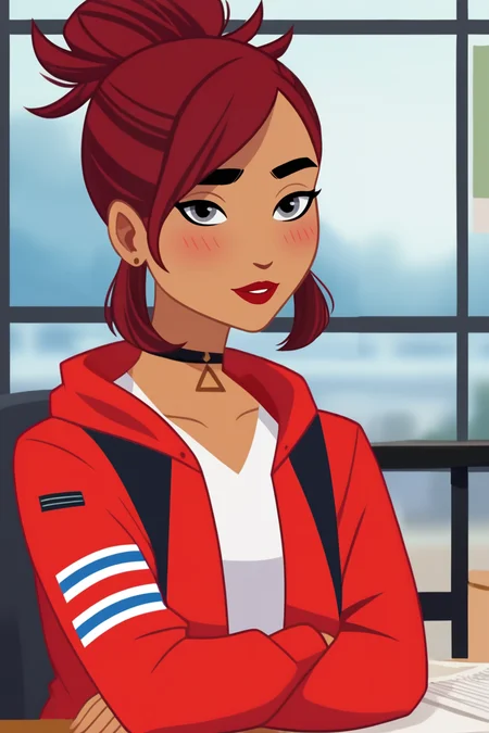 score_9, score_8_up, score_7_up, score_6_up, score_5_up, score_4_up,
((vector artstyle, flat color:1.8, source_cartoon, pencil sketch, 2d, no lineart:1.8, minimalism)), BREAK.
choker, red jacket, BREAK.
indoors, blush, light smile, looking at viewer, BREAK.
<lora:CarmenSandiego:1>, skinny, petite, 1girl, solo, dark skin, dark-skinned female, grey eyes, red hair, tied hair, topknot, earrings, jewelry, red lips