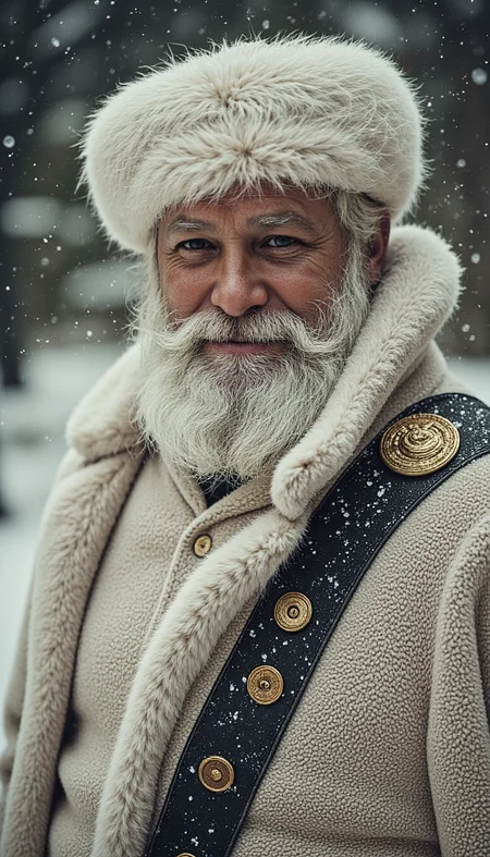 A jovial Santa Claus, hyperrealistic portrait, in a snowy forest setting. The Santa has a thick, white fur hat, a full white beard and mustache, and a creamy-white, textured coat with faux fur trim. The coat has decorative black leather-like panels with golden buttons and embellishments. A gold emblem is noticeable on the coat's shoulder. The scene is wintery with light snowfall, softly highlighting the details of the fur and textures. The background is a dark muted green/gray, with bokeh suggesting soft light and blurred trees. The colors are primarily muted whites, creams, grays, and a touch of gold. Soft lighting casts a warm glow on Santa creating a cozy, festive atmosphere. hyp3rd3tail style <lora:hyper-detail-illustration:0.5>, aidmarealisticskin <lora:aidmaRealisticSkin:0.9>, Black and White, Blue themed color, Cyan themed color, Green themed color, Magenta themed color, "Orange themed color, Pink themed color, Purple themed color, Red themed color, Sepia themed color, Neutral themed White color, Yellow themed color <lora:film cinematic dramatic color style v2.1:0.6>, <lora:Flux_Christmas_Décor_v.1:0.8>