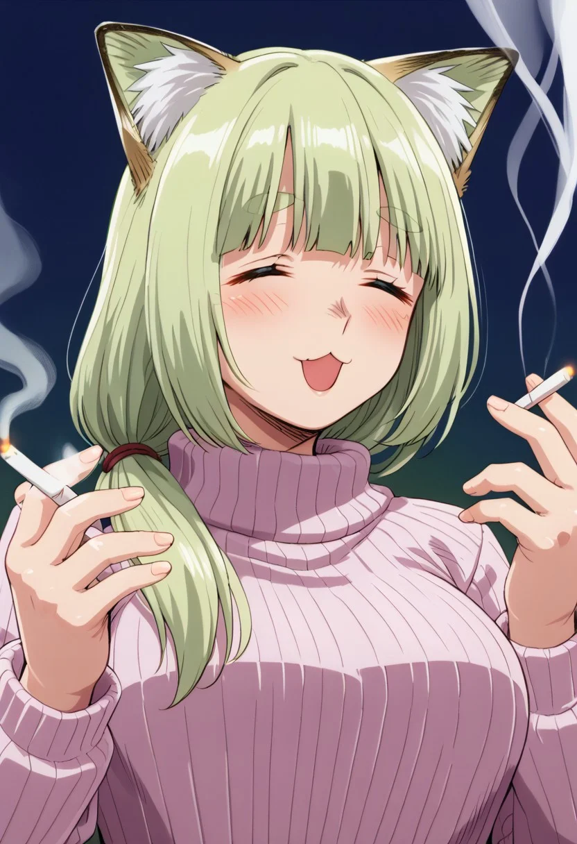 shizue, 1girl, cigarette, animal ears, sweater, closed eyes, cat ears, solo, smoking, smile, ribbed sweater, holding, thick eyebrows, blush, long hair, open mouth, smoke, turtleneck, breasts, animal ear fluff, bangs, turtleneck sweater, light green hair,