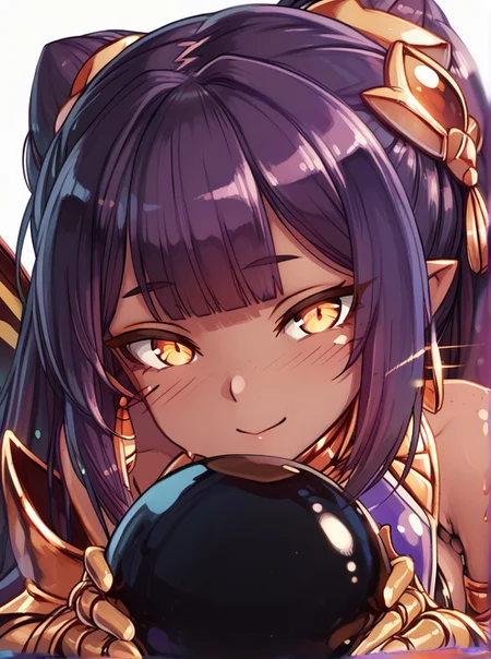 (expressive eyes), (Masterpiece), 1girl, (merunyaa artstyle), Khepri, arthropod limbs, dark skin, gold, beetle wings, purple hair, head ornament, Slime ball, girl on slime, opaque slime, black slime, close up, (score_9, score_8_up, score_7_up), <lora:V5.1_retrain:1.0>