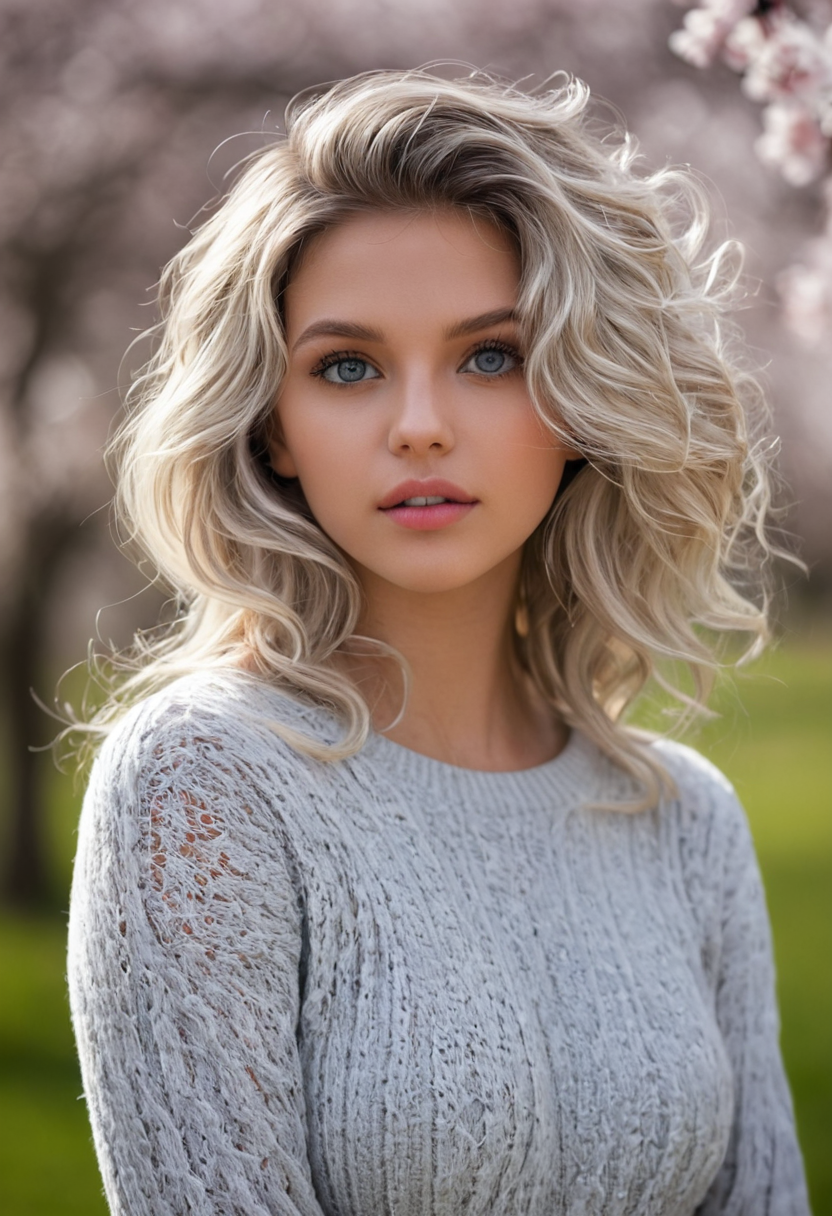 glamorous model, depth of field, high contrast, detailed face, detailed light grey eyes, wavy hair over face, spring season, seasonal clothes, detailed seasonal background, random pose