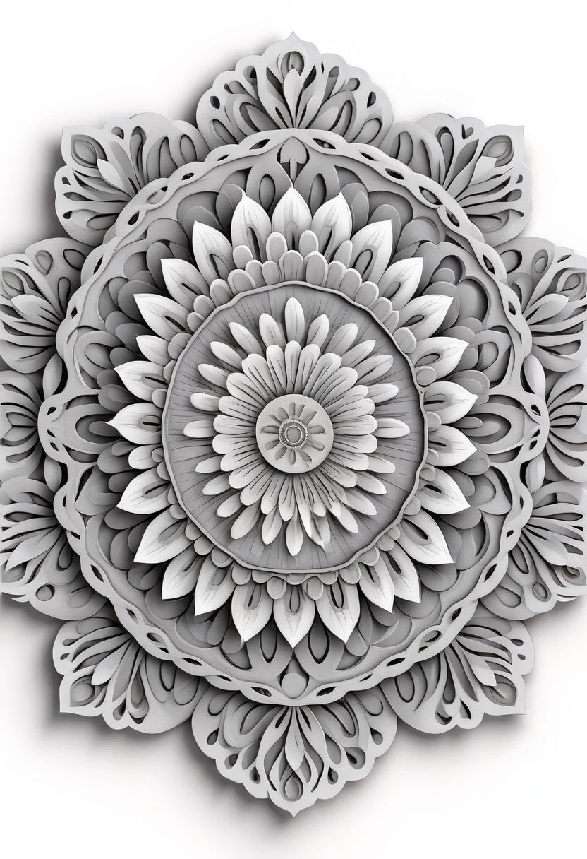 Mandala style,Coloring page , 3d mandala pattern, Indian theme , greyscale