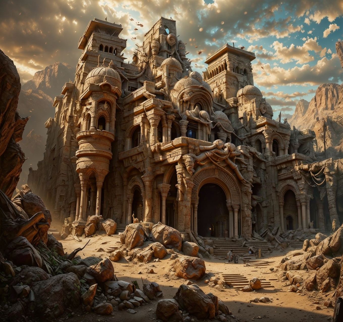 RAW photo, (masterpiece:1.3), subsurface scattering, heavy shadow, (high quality:1.4), (intricate, high detail:1.2), professional photography, HDR, High Dynamic Range, realistic, ultra realistic, photorealistic, high resolution, film photography, ambient lighting, atmospheric effects, <lora:detail_slider_v4:2>, OverallDetail,  <lora:Stygia:1>, animal, arch, architecture, bridge, chain, cityscape, cloud, cloudy sky, day, door, dust, evening, flag, holding, holding staff, hood, ladder, landscape, leaf, mountain,  no humans, outdoors,  rock, scenery, stairs, standing, stygia, temple, tree, turtle,  wide shot