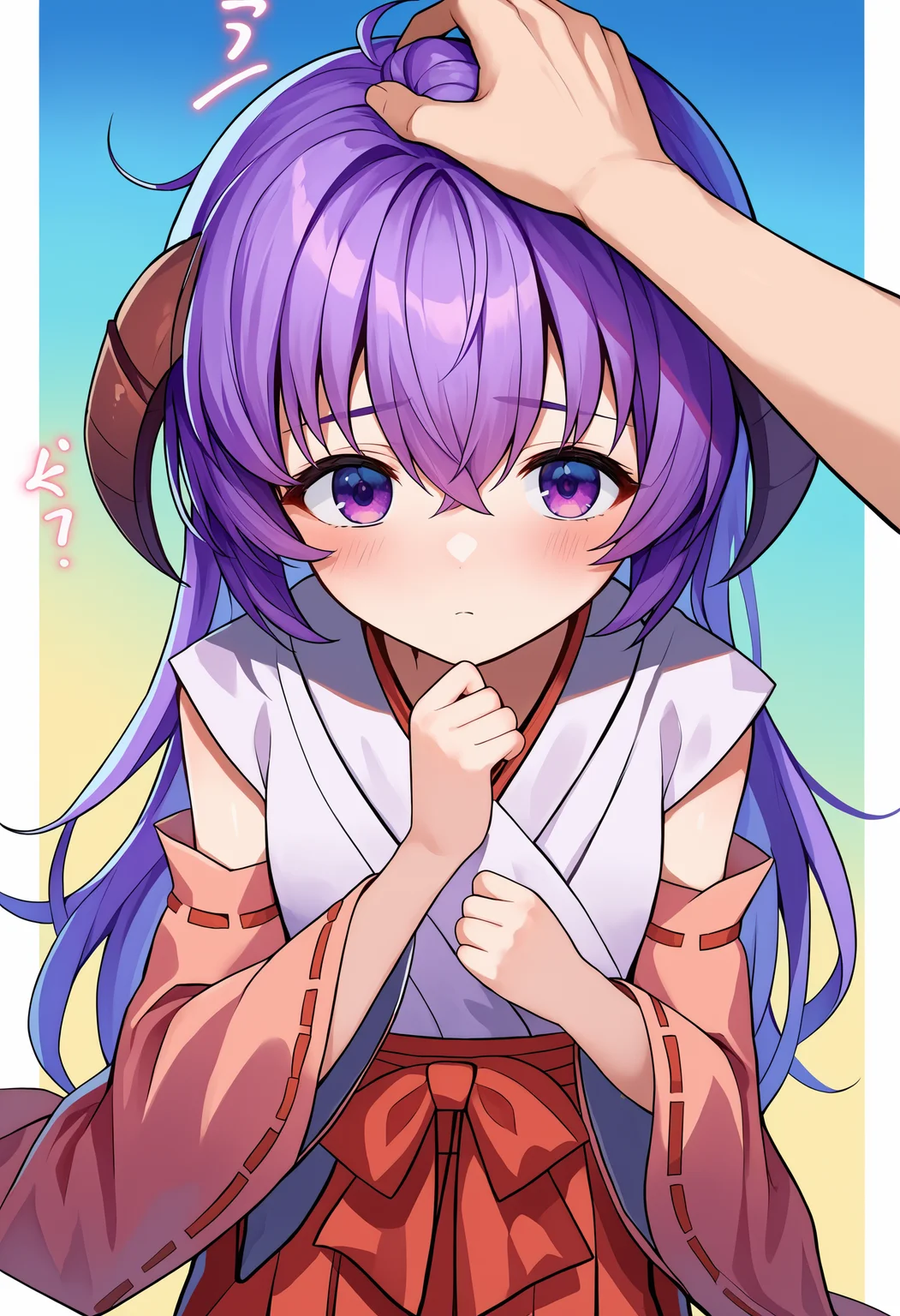 score_9, score_8_up, score_7_up, source_anime, Hanyuu, japanese clothes, long hair, 1girl, detached sleeves, horns, solo, purple hair, hakama, hakama skirt, red hakama, miko, skirt, purple eyes, hair between eyes, ribbon-trimmed sleeves, blush, kimono, wide sleeves , long sleeves, ribbon trim, bangs, shiny hair, pov, blush, headpat, <lora:Hanyuupony-000003:1>