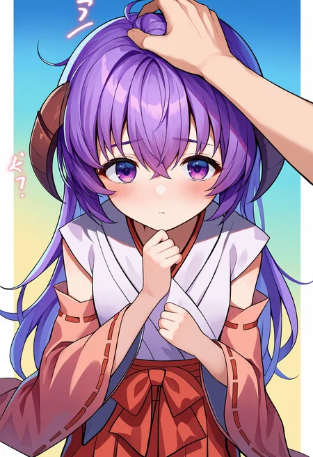 score_9, score_8_up, score_7_up, source_anime, Hanyuu, japanese clothes, long hair, 1girl, detached sleeves, horns, solo, purple hair, hakama, hakama skirt, red hakama, miko, skirt, purple eyes, hair between eyes, ribbon-trimmed sleeves, blush, kimono, wide sleeves , long sleeves, ribbon trim, bangs, shiny hair, pov, blush, headpat, <lora:Hanyuupony-000003:1>