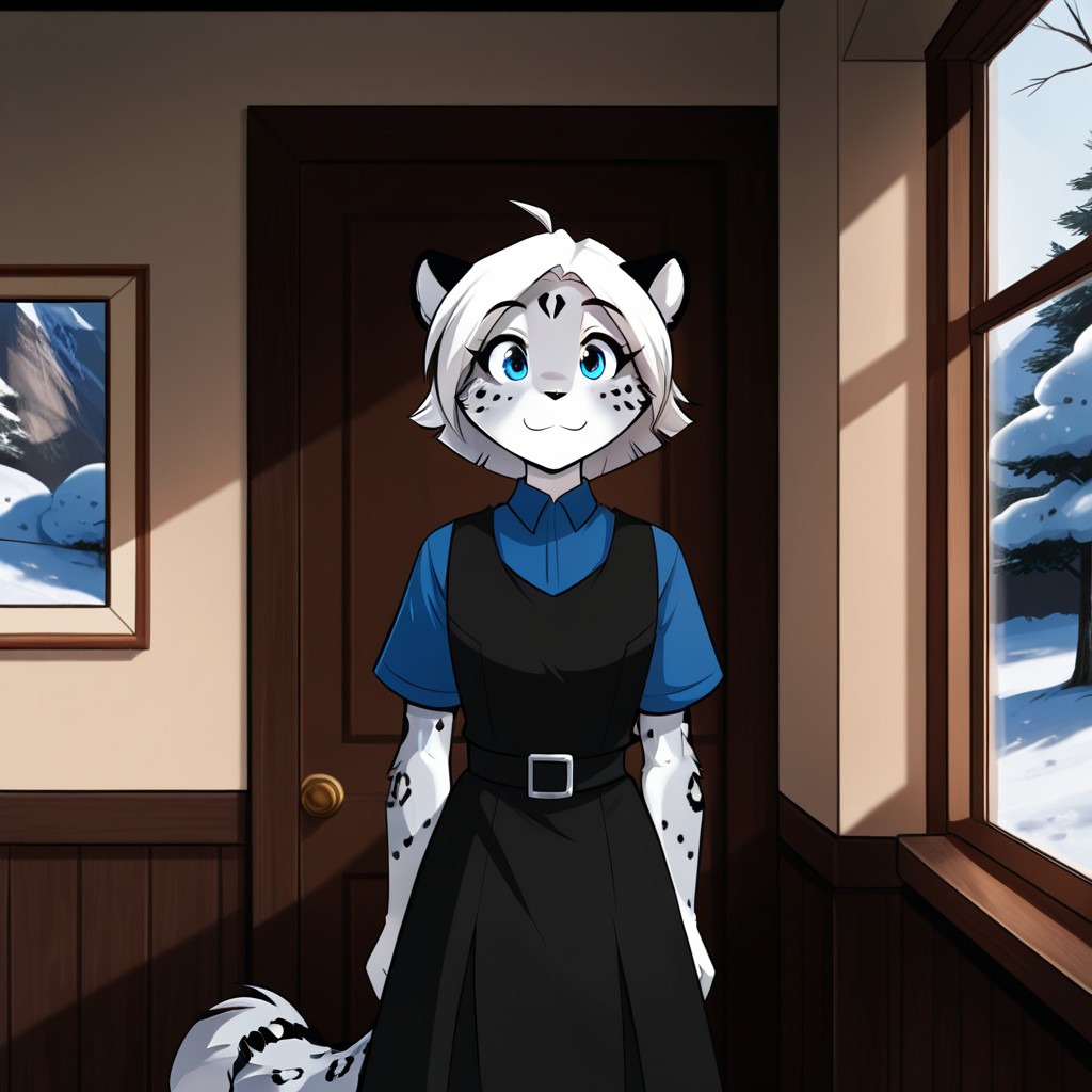 masterpiece, best quality, amazing quality, maevetkilv5, anthro, female, snow_leopard, blue eyes, grey fur, white hair, short hair, ahoge, forehead marking, black pinafore dress, blue shirt, short sleeves, standing, inside, solo, happy, , <lora:2c8adb8b-857c-44d4-bab7-3c415eecb16b:0.7>