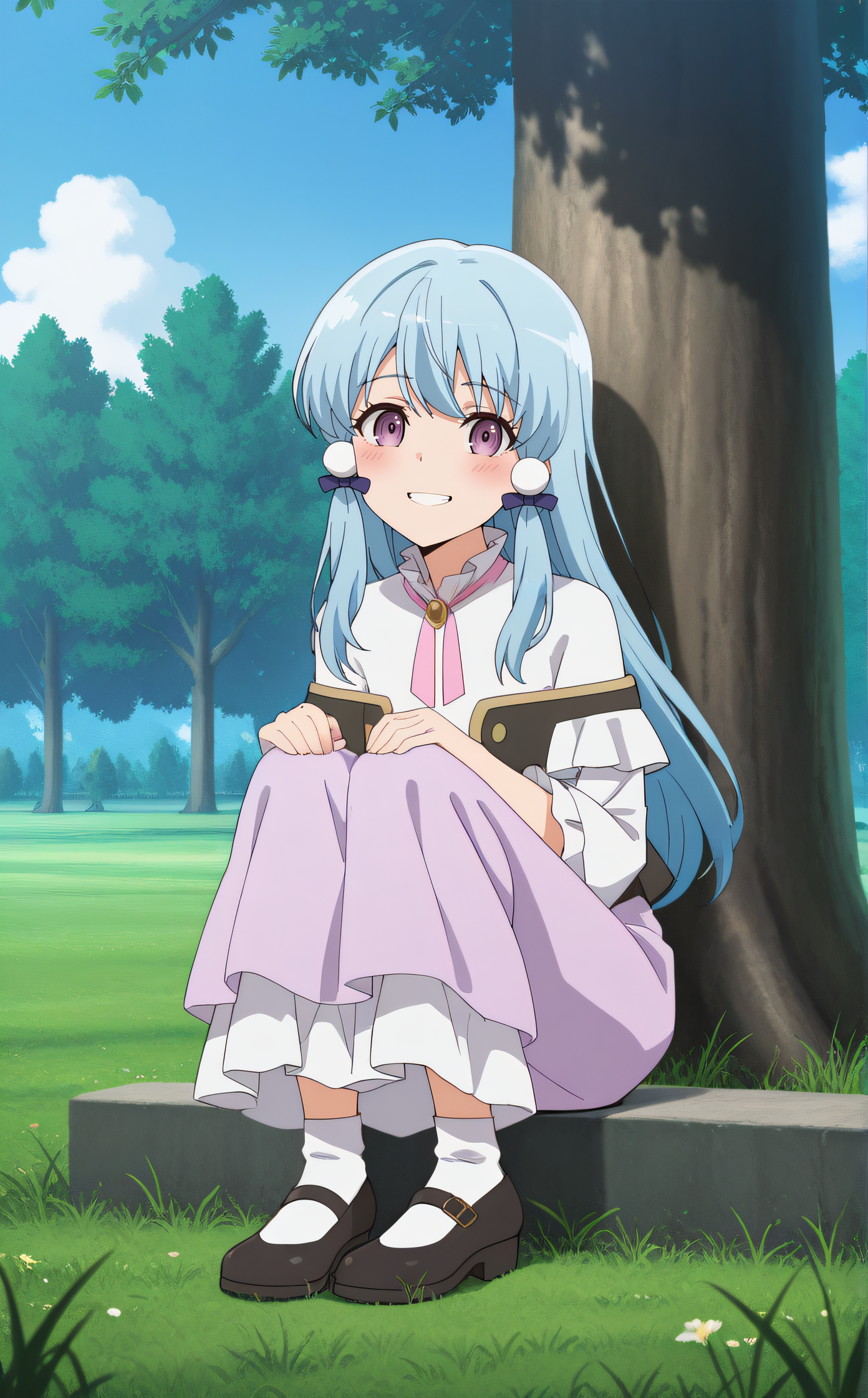 masterpiece, best quality, highres, scenery, newest, 1girl, solo, official style, <lora:Fiona_Urd_Aleglife:1>, fionaurd, blue hair, white ornament, dress, frills, pink_ribbon, vest, frilled sleeves, purple long skirt, white short socks, dark shoes, sitting on grass, hands on knees, full body, tree, looking at viewer, teeth, smile, blush, from side