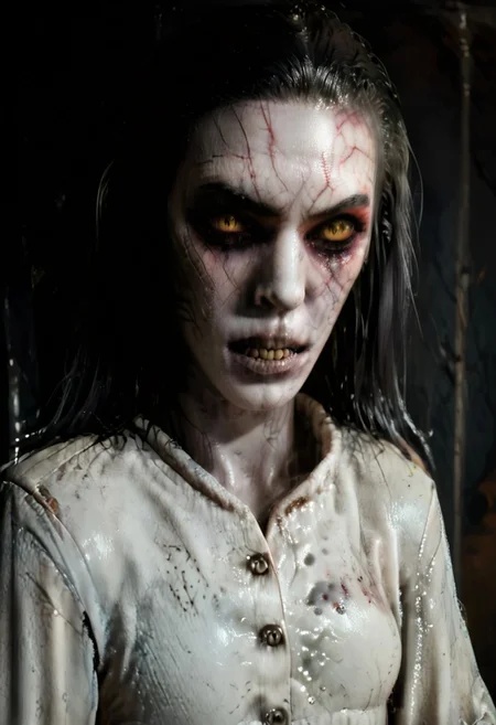 score_9, score_8_up, score_7_up, score_6_up, source_real, source_photo, a 3/4 three-quarters length portrait, WitcherToxinV1 , heavytoxin, veins, black veins, veins, 1girl, deadite woman , female deep one, valak, source_real, source_photo, in the style of the Exorcist movie, exorcist style, a possessed woman, bloodless lips, valak, Body horror, pale body, yellow eyes, long black hair, grey skin, black veins, monster, scary, paranormal, pale, black veins, long tangled black hair, teeth, hands on hips, front view, very pale skin, very pale grimy filthy skin, evil smile, demonic possession. Evil smile, a possessed woman,, yellow eyes, large breasts, hands by side, floating in mid-air, floating above ground, stained filthy white open old-fashioned stained filthy tattered nightgown, stained filthy basic Victorian nightgown, long nightgown,long sleeves, black pupils,  red lighting, bedroom with peeling wallpaper, horror, scary face, monstrous, evil, claws, red lighting, Expressiveh, g0thicPXL, glowing, neon,, zPDXL2, exorcist style