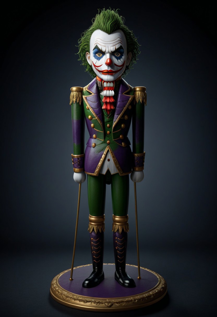 (Joker nutcracker PEJoker, high quality, HD, full body, dramatic lighting, cinematic composition, detailed, intense eyes, concept art, trending on ArtStation, (dark, evening, (vignette)))