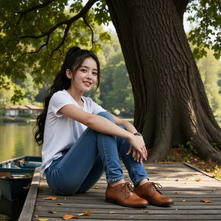 profession photograph still a gorgeous, teenager sitting on a bench on a dock next to a lake, t-shirt and jeans, leather shoe, cute teenager smiles, pony hair, under the shade of a old giant tree, falling autumn leaf. rustic old house, broken windows, broken boats, reflects from the lake water, detail attention to the eye and face, gorgeous.
<lora:fluxenhancer:1> <lora:Gulnazar_Flux_rank16_bf16:1>