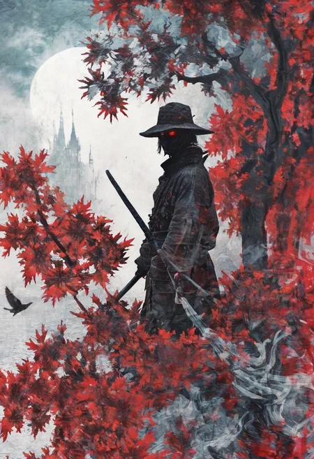 silhouette of a The Hunter in the city of Yharnam, Bloodborne, glowing eyes, t-shirt design, dark magic splash, gothic, Halloween, burnt orange gradient, magic, nature, clean background, magic splash, 3D vector art, fantasy art, watercolor effect, bokeh, Adobe Illustrator, hand-drawn, digital painting, soft lighting, isometric style, retro aesthetic, 4K resolution, using Cinema 4D, natural lighting, cinematic, masterpiece, highly detailed, intricate, extreme textures, horror, terryfying, creepy, Scary <lora:EpicF4nta5yXL:0.8>,linquivera, Ink illustration, (anime:0.5), brown tones, aged black red paper,Acer japonicum, inkpunk, surreal, (at a distance), Will-o'-the-wisp, The city is in the background,moonlit, lonely, solitude, windy, tall trees, samurai sword fight, OverallDetail,Bonsai, bamboo grove,extremely detailed, UHD,(long exposure ,Radiant licorice, Red Japanese maples,dystopian but extremely beautiful:1.4),<lora:- SDXL - letitflrsh_let_it_flourish_V1.0:0.8> ,<lora:Cute_Collectible:1>, <lora:XL_boss_battle:0.6> <lora:add-detail-xl:1>, <lora:Concept Art Twilight Style SDXL_LoRA_Pony Diffusion V6 XL:1>, <lora:MJ52:1>,CyberCity, (blue:1.3),(red:1.4),(yellow:1.2),(harbor:1.3), (ship:1.2), neon lights, scenery, chinese_building, outdoors, road, night, sign, street, riot police, criminals,(bird eye view:1.2),