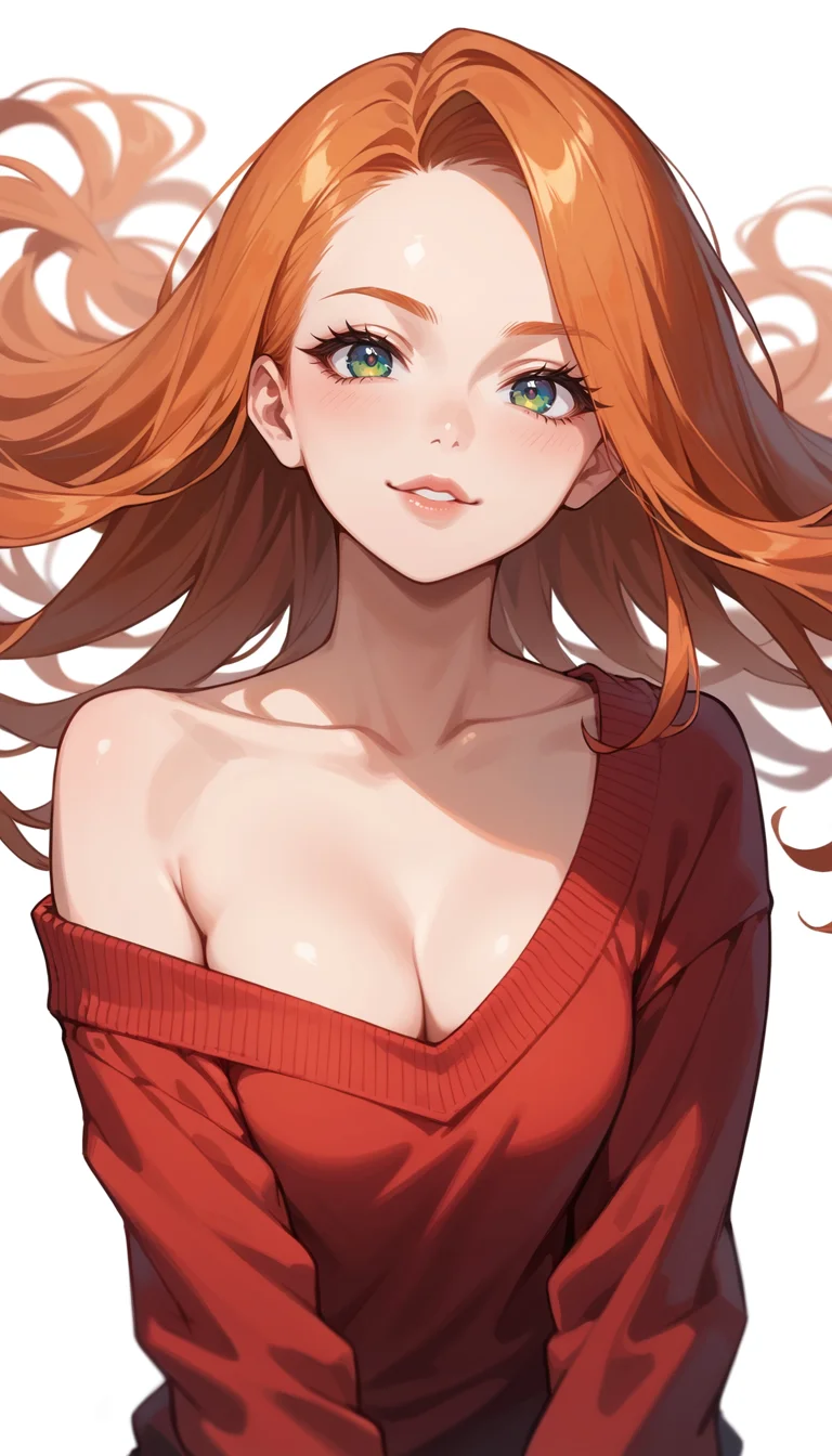 score_9, score_8_up, score_7_up, Anime Style, Portrait, girl, ginger, cute, seductive, innocent, light smile:0.3, plump lips, slender body, red sweater falling off her shoulder, cleavage, extremely sexy, long ginger hair, floating hair, small breasts, big hips, looking at the viewer, simple background, white background, depth of field, dynamic angle, fashion photography, sharp, hyperdetailed:1.15