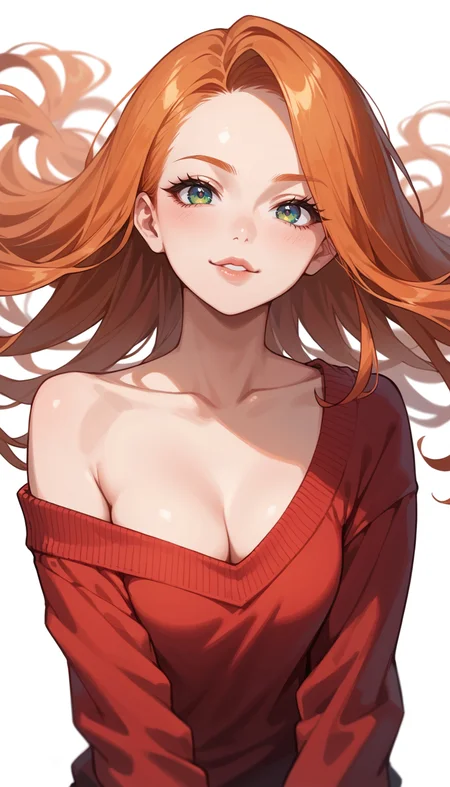 score_9, score_8_up, score_7_up, Anime Style, Portrait, girl, ginger, cute, seductive, innocent, light smile:0.3, plump lips, slender body, red sweater falling off her shoulder, cleavage, extremely sexy, long ginger hair, floating hair, small breasts, big hips, looking at the viewer, simple background, white background, depth of field, dynamic angle, fashion photography, sharp, hyperdetailed:1.15
