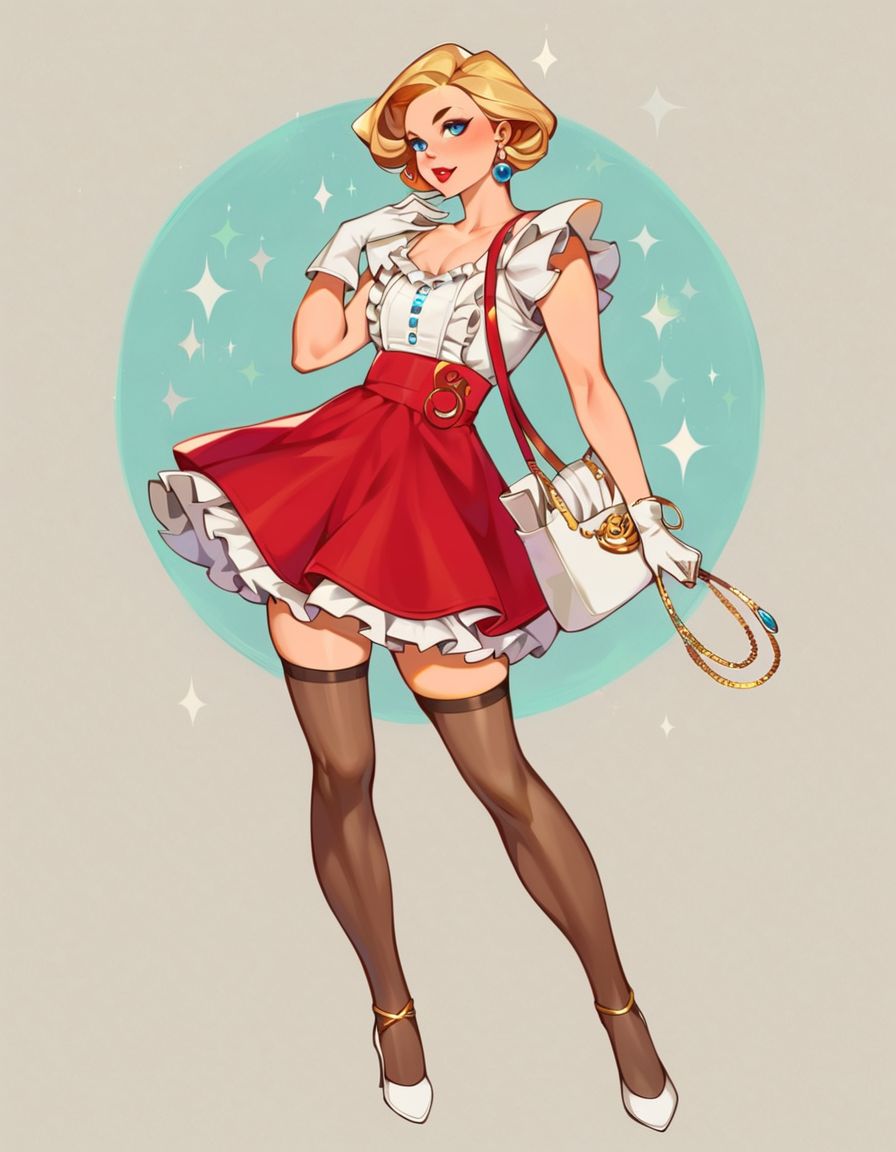 score_9, 1girl, white gloves, high heels, thighhighs, bag, earrings, handbag, jewelry, red skirt, blonde hair, full body, white footwear, holding, short hair, lipstick, frilled skirt, frills, blue eyes, pinup, <lora:pinup_pony:0.88>
