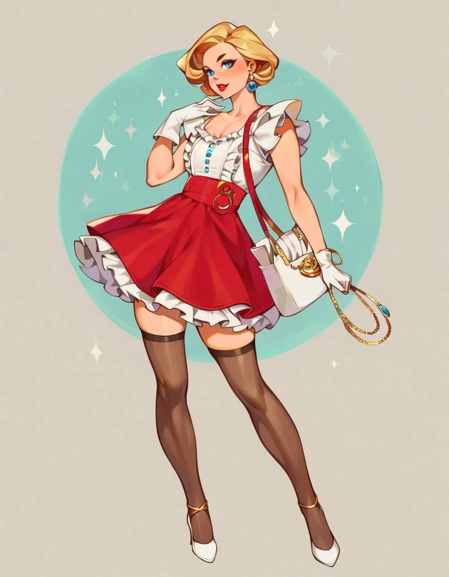 score_9, 1girl, white gloves, high heels, thighhighs, bag, earrings, handbag, jewelry, red skirt, blonde hair, full body, white footwear, holding, short hair, lipstick, frilled skirt, frills, blue eyes, pinup, <lora:pinup_pony:0.88>