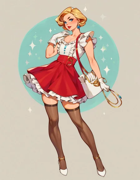 score_9, 1girl, white gloves, high heels, thighhighs, bag, earrings, handbag, jewelry, red skirt, blonde hair, full body, white footwear, holding, short hair, lipstick, frilled skirt, frills, blue eyes, pinup, <lora:pinup_pony:0.88>