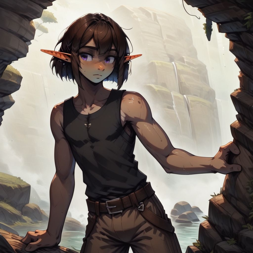 ASCIILapanya, 1 person, 3/4 view, solo, wary expression, pointy ears, snout nose, flat chest, olive-tone skin, tall, square jaw, violet irises, dark brown hair, mid-length hair, straight bob haircut parted in the middle, athletic build, small nostrils, 3 fingers 1 thumb, black sleeveless tunic, brown trousers, belt, fully clothed, climbing over a boulder, clean lines, highly detailed, high quality, best quality,  rating: safe