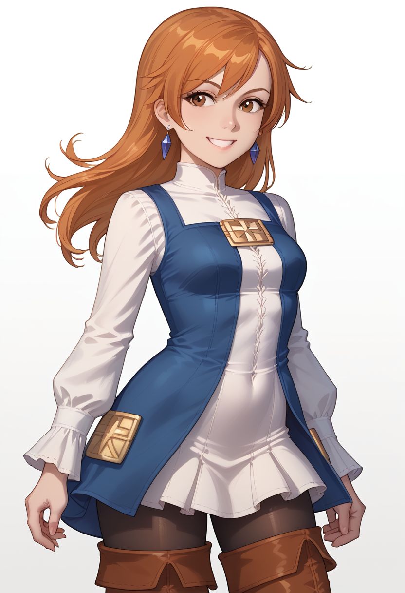 score_9, score_8_up, score_7_up, source_anime, 1girl, solo, R3fia, brown eyes, long hair, orange hair, earrings, jewelry, dress, pantyhose, thighhighs, thigh boots, boots, standing, white background, smile, cowboy shot, masterpiece, smile, <lora:Refia - Final Fantasy III-000012:1>