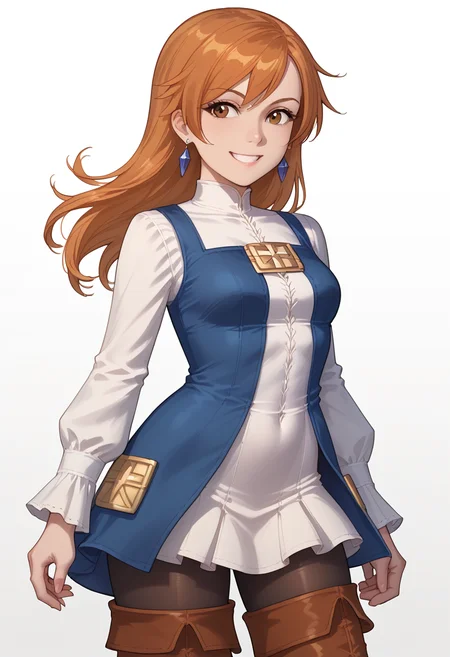 score_9, score_8_up, score_7_up, source_anime, 1girl, solo, R3fia, brown eyes, long hair, orange hair, earrings, jewelry, dress, pantyhose, thighhighs, thigh boots, boots, standing, white background, smile, cowboy shot, masterpiece, smile, <lora:Refia - Final Fantasy III-000012:1>