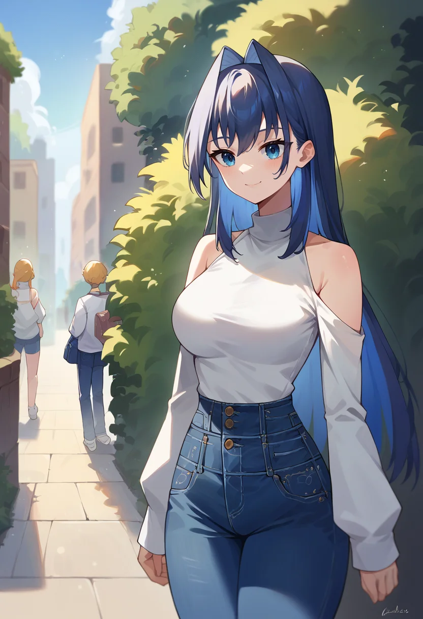 score_9, score_8_up, score_7_up, KroniiCasual, long hair, hair intakes, white turtleneck, long sleeves, bare shoulders, jeans, outdoors, smile, street, <lora:CHAR-OuroKroniiPonyXL:1>