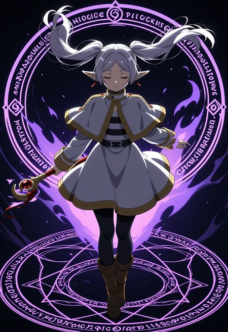 1girl, frieren, holding magic rod, magic circle, (underlighting:1.4), (aura:1.4),
dark background, facing viewer, full body, flying,
general, masterpiece, best quality, anime coloring, <lora:dmd2_sdxl_4step:1>,