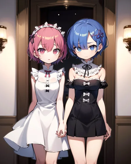 masterpiece, best quality, ultra-detailed, illustration, epic lighting, cinematic composition, colorful, (2girls:1.2), rem_\(re:zero\), ram_\(re:zero\) with red eyes, holding hands, (short hair, hair over one eye:1.2), twins, blue eyes, red eyes, (looking at viewer:1.2), surprised, shock, scared, afraid, white maid outfit, indoors, mansion, room, cowboy shot, (extremely detailed CG:1.2), (8k:1.1)