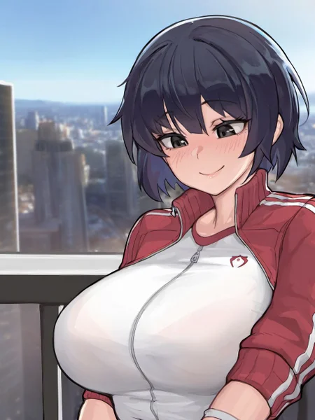 masterpiece, best quality, amazing quality, very aesthetic, high resolution, <lora:stmast_style_v2_epoch_7:0.9>,
stmasterstyle, 1girl, solo, dark blue hair, short hair, black eyes, red jacket, track jacket, red buruma, white gloves, fingerless gloves, upper body, big breasts, looking at you, happy, city, blue sky,