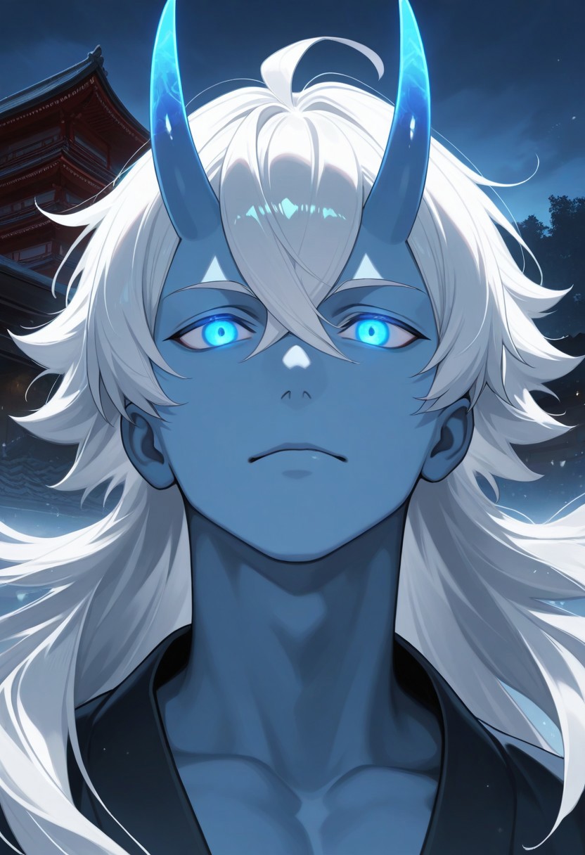 1boy, Hikigaya Hachiman //(Oregairu//) solo, male focus, masterpiece, best quality, black and blue montsuki, japan architecture, white hair, long hair, blue eyes, glowing eyes, oni, blue oni horns, light icy blue skin, smooth anime boy, portrait, fine detail, great composition, dynamic light, atmosphere, vivid colors, detailed, cinematic, strong background, aesthetic, very inspirational, glowing, rich deep color, clear excellent