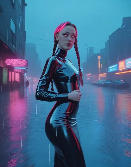"cyberpunk, beautiful hacker girl, twin braids with neon highlights, latex bodysuit, holographic pencil skirt, neon cityscape, cybernetic eyes, rain-soaked streets" ,score_9, score_8_up, score_7_up, masterpiece, high quality, highres, best quality, <lora:mcnulty_epoch_10:1> Stable_Yogis_PDXL_Positives2