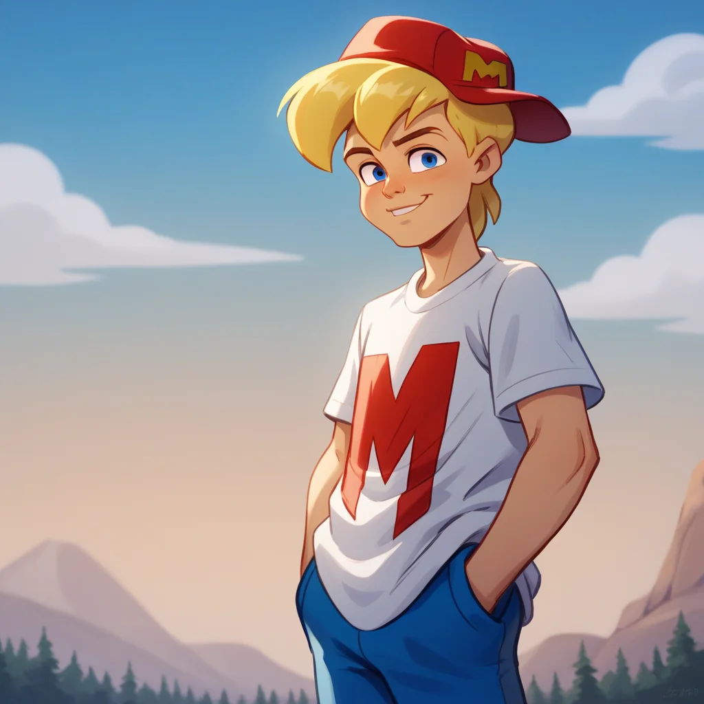score_9_up, score_8_up, BREAK, MightyMax, 1boy, solo, blonde hair, blue eyes, red hat, white shirt, blue pants, cowboy shot, <lora:MAX_MightyMax_PXL_Leaf1:1>, hands in pockets, outdoors, blue sky, smile,
