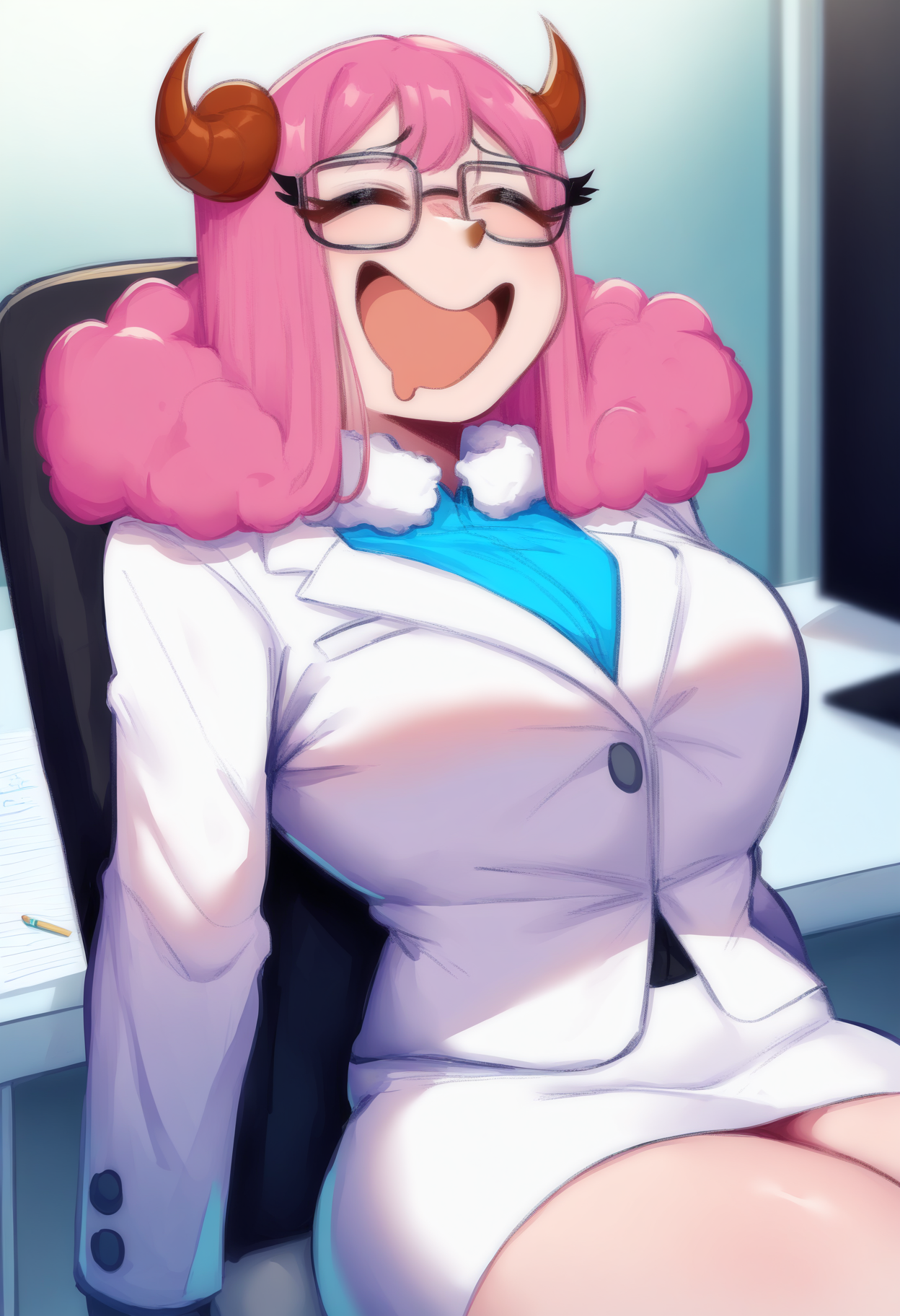 masterpiece, best quality, newest, absurdres, highres, <lora:NSAriesFairyTail:1> NSAriesFaiTai, closed eyes, horns, pink hair, medium hair, fur collar, white collar, blue collared shirt, white jacket, formal, white skirt, pencil skirt, glasses, leaning back, sitting, office, drool, happy, indoors