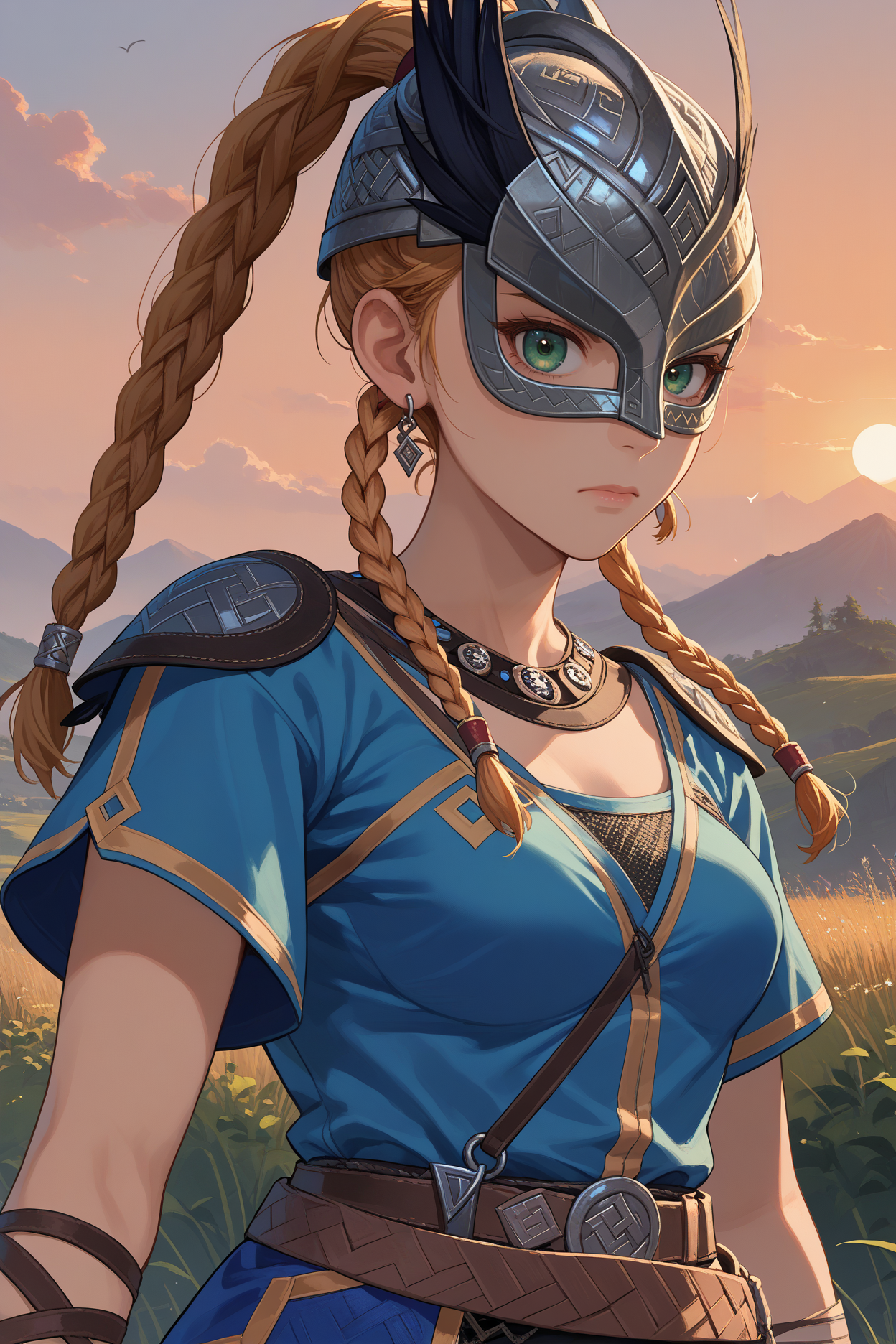 score_9, score_8_up, score_7_up, score_6_up, source_anime, 1girl, solo <lora:yskarja-pdxl-nvwls-v1-000005:1> ysKarja, blonde hair, braided ponytail, twin braids, green eyes, earrings, helmet, feathers, necklace, shoulder armor, blue tunic, belt, black shorts, fingerless gloves, medium breasts, sunset, upper body, looking at you, determined, portrait, facing viewer