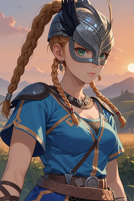 score_9, score_8_up, score_7_up, score_6_up, source_anime, 1girl, solo <lora:yskarja-pdxl-nvwls-v1-000005:1> ysKarja, blonde hair, braided ponytail, twin braids, green eyes, earrings, helmet, feathers, necklace, shoulder armor, blue tunic, belt, black shorts, fingerless gloves, medium breasts, sunset, upper body, looking at you, determined, portrait, facing viewer