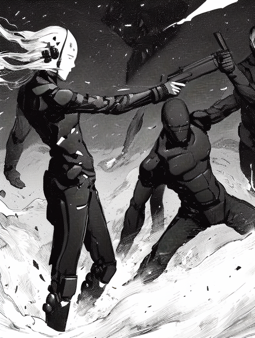 group, multiple safeguard,  safeguard, (debris, dynamic, action, battle scene:1.3), standing (((upper body view))), weapon, safeguard sign on forehead, destroyed background, (((aiming gun))), profile, side view, (best quality, highly detailed face:1.3)  <lora:blame5-000040:1>