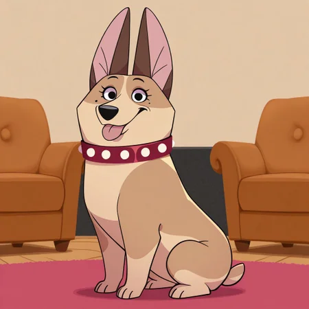 Clarissa(101), Solo, 1girl, feral, dog, Welsh Corgi, tan fur, brown ears, black eyes, mole under eye, black nose, short tail, red collar, looking at viewer, full body, tongue out, sitting, living room background