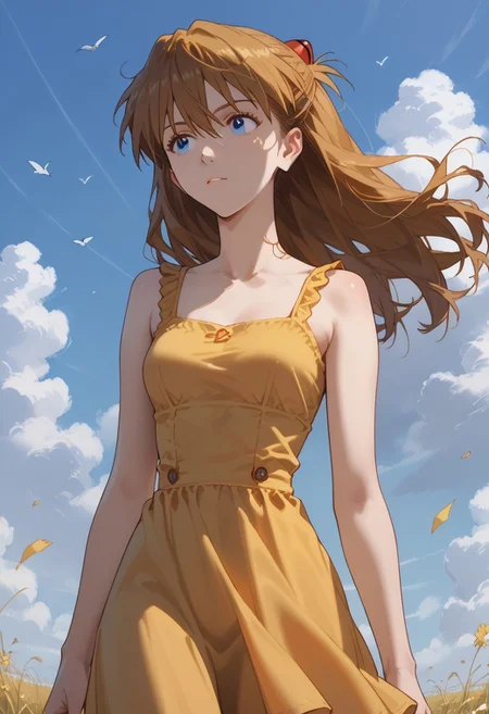 score_9, score_8_up, score_7_up, asklng1,1girl,long hair,blue eyes,orange hair, yellow sundress, standing, wind,