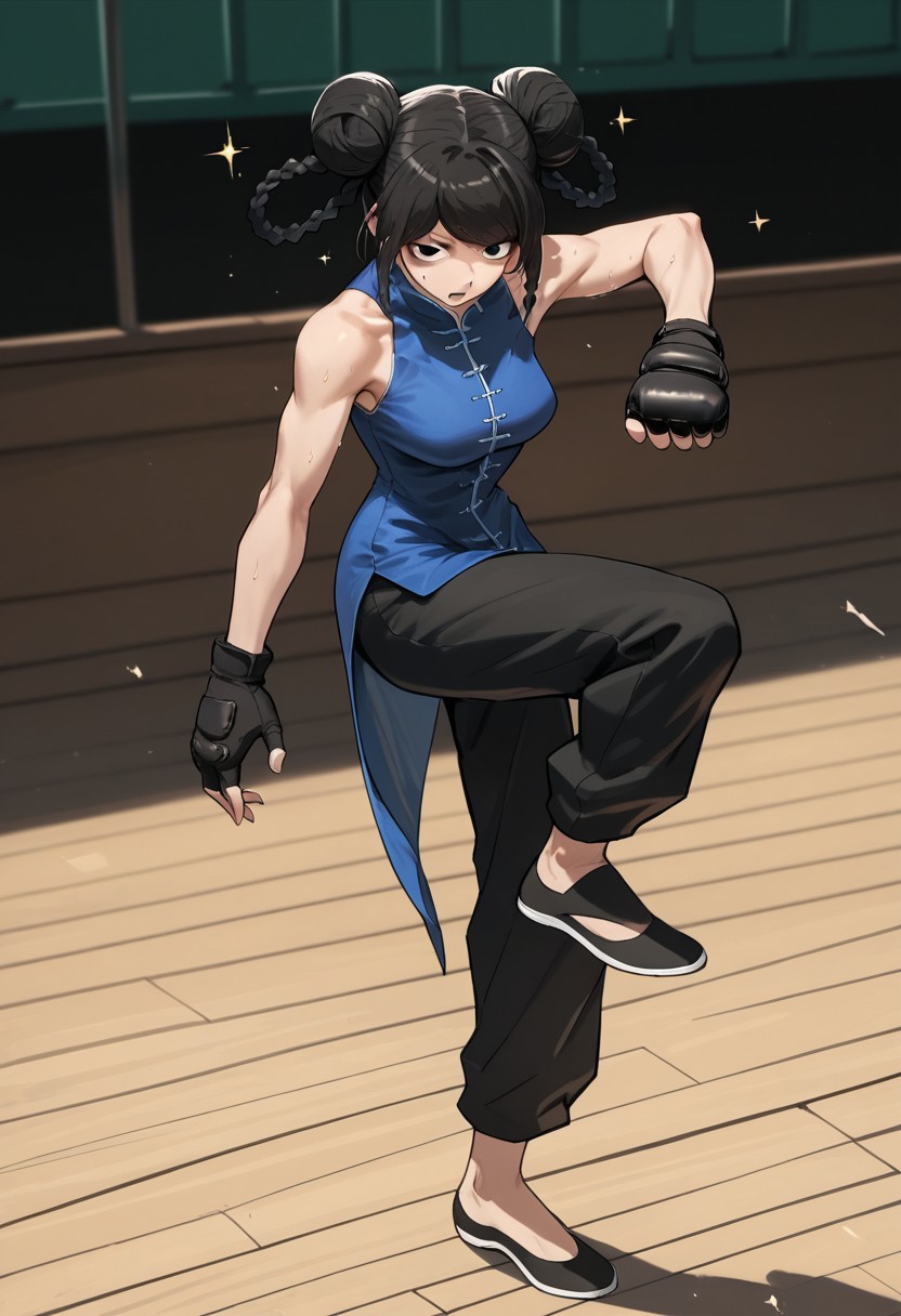 score_9, score_8_up, score_7_up, source_anime, Yuzuha Lee,1girl,solo,breasts,open mouth,bangs,black hair,gloves,dress,bare shoulders,standing,braid,sweat,sleeveless,black gloves,pants,fingerless gloves,hair bun,black footwear,black eyes,twin braids,sparkle,double bun,alternate hairstyle,chinese clothes,black pants,leg up,standing on one leg,china dress,hair rings,fighting stance,flats,