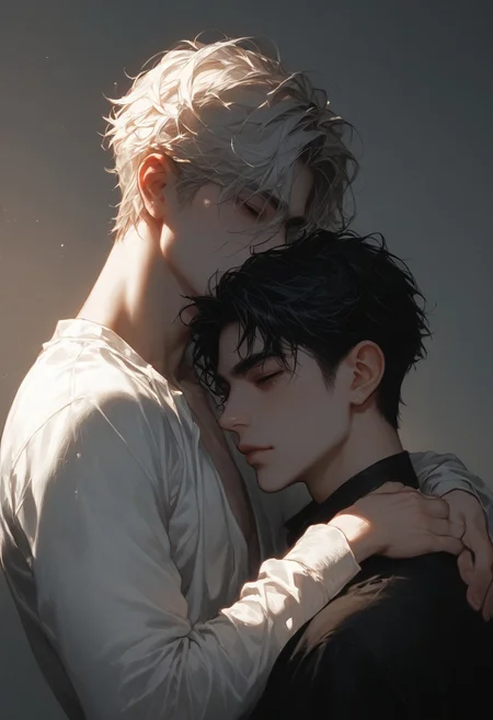 score_9, score_8_up, score_7_up, two guys hugging, (completely covered in shadow:1.8), backlit, monochrome