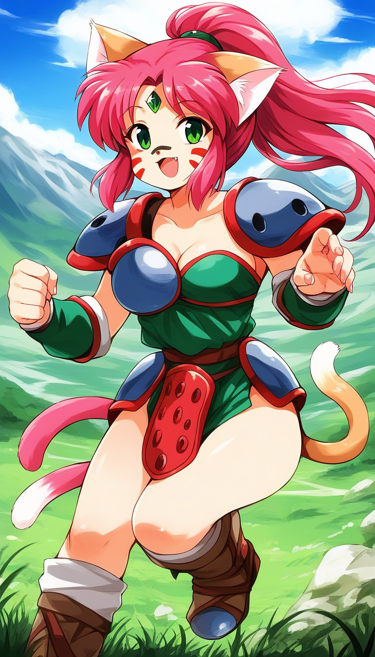 score_9, score_8_up, score_7_up, source_anime, rating_explicit, BREAK  <lora:Ryuquir_XL:1> Ryuquir, animal ears, tail, cat ears, facial mark, cat tail, green eyes, ponytail, red hair, long hair, pink hair, cat girl, breasts, forehead jewel, green jewel,
mountain, sky, smile, open mouth,ãnose tape,
 shoulder armor, solo, weapon, armor,  furry,  grass, dagger, boots, looking at viewer, outdoors, fingernails,  shoulder pads,