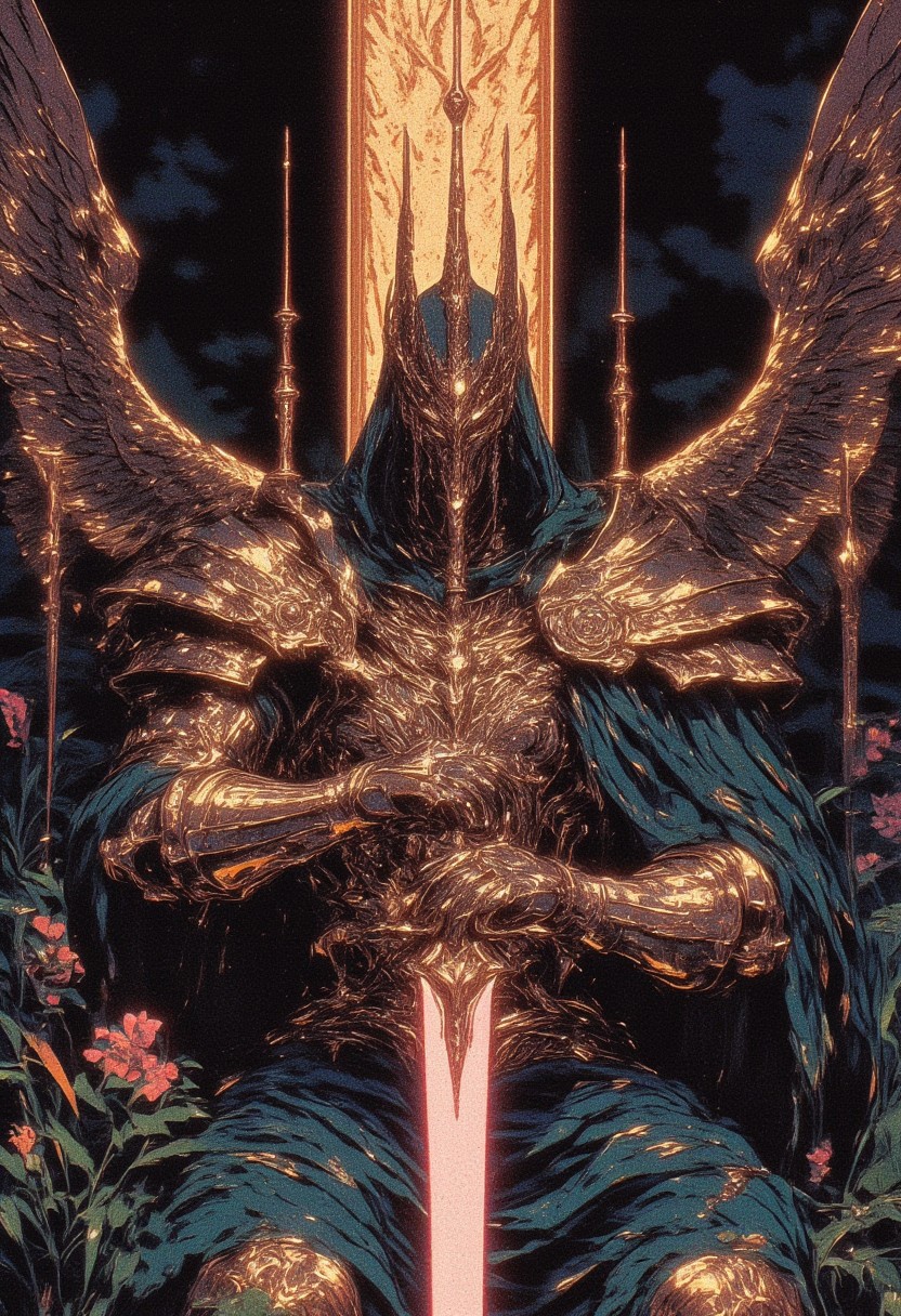 Alligator , sitting on a throne, medival style water color art, ink art, holding a pink glowing sword, glowing yellow eyes, anthropomorphic alligator, Golden intricate armor with jewles  , far away view of him sitting in a swamp