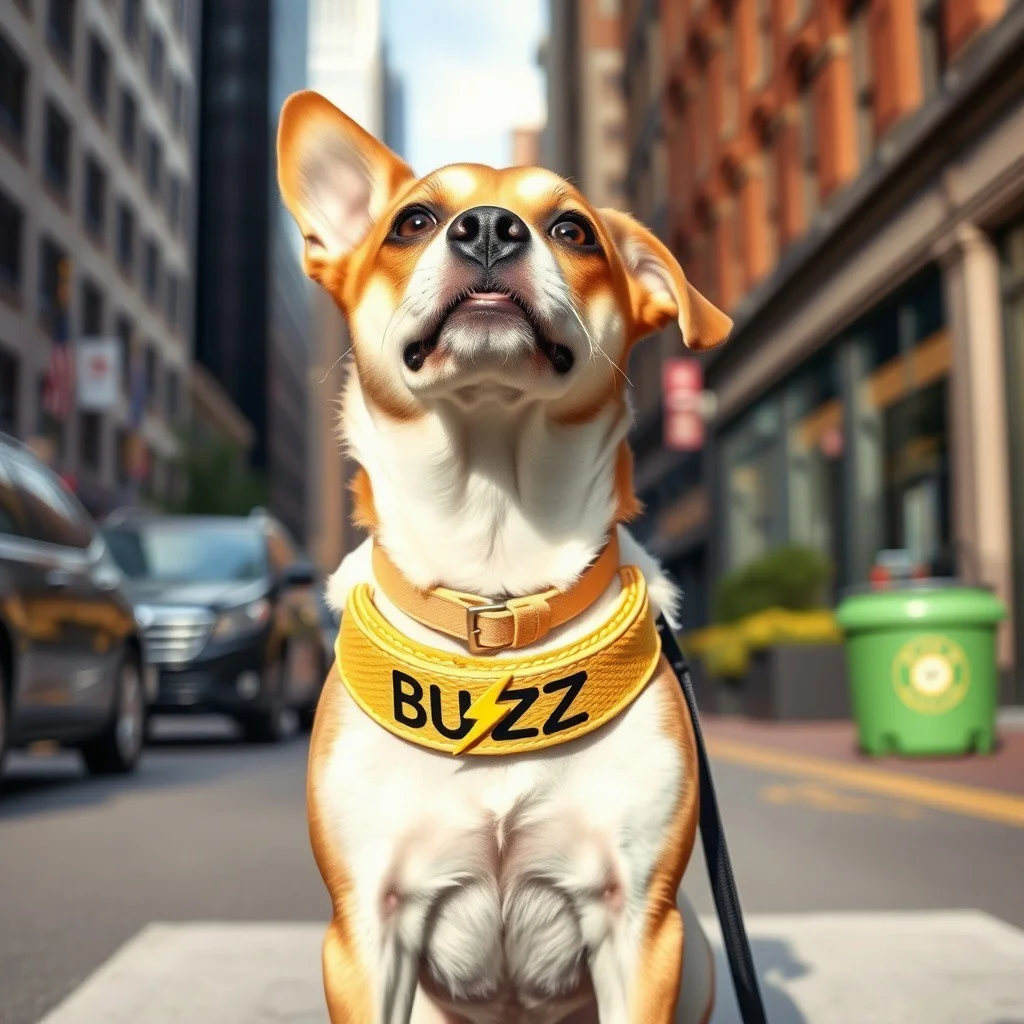 cute dog on street with BUZZ written on collar and yellow lightning bolt symbol, city background