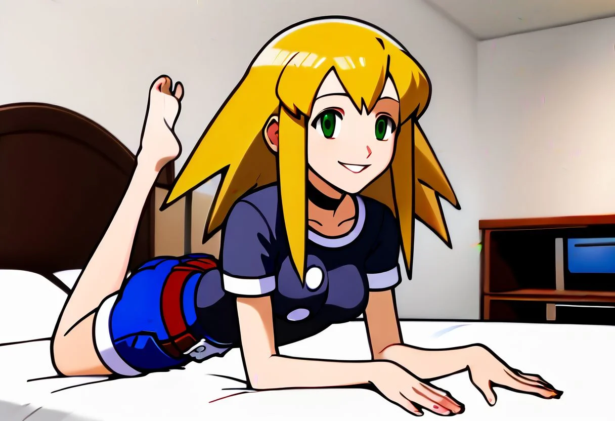 1girl, solo female, Roll Caskett (mega man), <lora:roll_caskett:1>, blonde hair, green eyes, long messy hair with pointed bangs, long side locks and center part hair, black choker, medium breasts, athletic petite female body, red cropped t-shirt vest with giant silver buttons, red short-shorts with belt, barefoot, smooth soles, pretty feet, laying prone on bed with crossed feet up behind head, smiling at viewer,
bedroom,
megaman legends anime style,
NegfeetV2, Perfect Hands, charturnerv2,