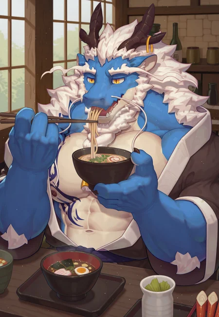 masterpiece, best quality, amazing quality, 1boy, solo, furry male, bara, ryu_ho, dragon boy, horn ring, open kimono, sitting, food, eating noodles, holding bowl, soup, indoors, bar, happy