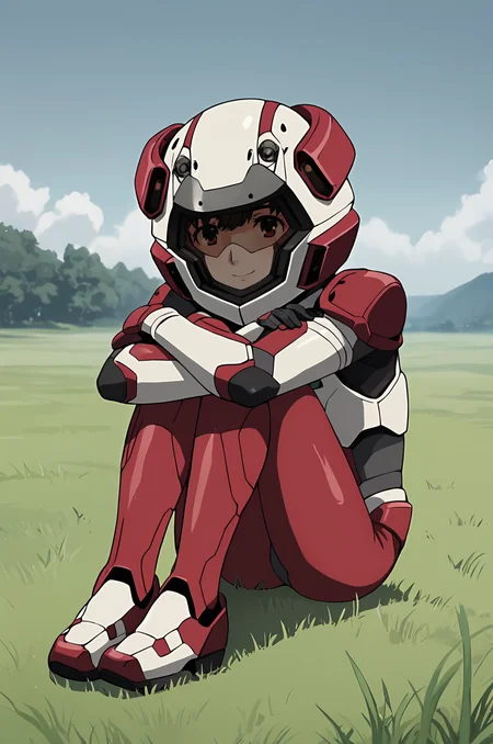 score_9, score_7_up, source_anime <lora:aiko_tachibana:1> aiko_wz, helmet, bodysuit, mecha pilot suit, pilot suit, sitting, grass, looking at viewer, light smile, hugging own legs, outdoors, nature, grey sky