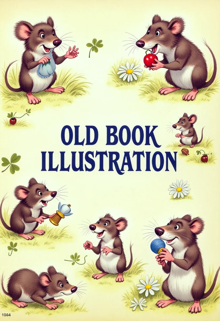 Old book illustration style, colored drawing with the text "OLD BOOK ILLUSTRATION" in the center, written in large, serif vintage lettering. Surrounding the text are several cute little mice with soft brown or gray fur, each in different playful posesâone nibbling a berry, another holding a thimble, one sitting on a spool of thread. Scattered around them are small patches of grass, tiny white daisies, clovers, and a couple of fallen acorns. The background has a soft parchment texture, and the overall palette is warm and muted, evoking a gentle, whimsical storybook charm. <lora:oldillustration_V1.1:1>