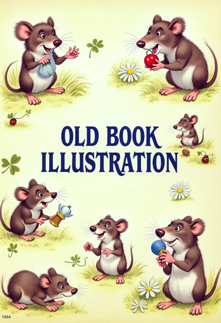 Old book illustration style, colored drawing with the text "OLD BOOK ILLUSTRATION" in the center, written in large, serif vintage lettering. Surrounding the text are several cute little mice with soft brown or gray fur, each in different playful posesâone nibbling a berry, another holding a thimble, one sitting on a spool of thread. Scattered around them are small patches of grass, tiny white daisies, clovers, and a couple of fallen acorns. The background has a soft parchment texture, and the overall palette is warm and muted, evoking a gentle, whimsical storybook charm. <lora:oldillustration_V1.1:1>