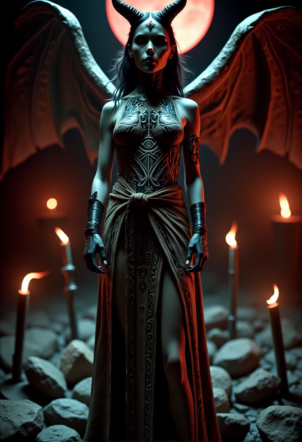 . A medium shot of a succubus, seen from above, casting her in an imposing, mysterious light, standing with her head slightly tilted, a wicked smile on her lips, wearing a sleeveless tunic covered in intricate patterns, paired with worn leather gloves, her wings torn with patches missing, dripping a black, tar-like substance, her skin showing an uneven texture, with visible pores and traces of dirt, in an ancient stone circle under a blood moon, surrounded by shattered rocks, surrounded by crimson mist swirling around her, taking on distorted, fleeting shapes, lit by the soft glow of torches casting dynamic shadows, <lora:bv-demonic-skin-runes.safetensors:0.7000000000000001:0.7000000000000001>