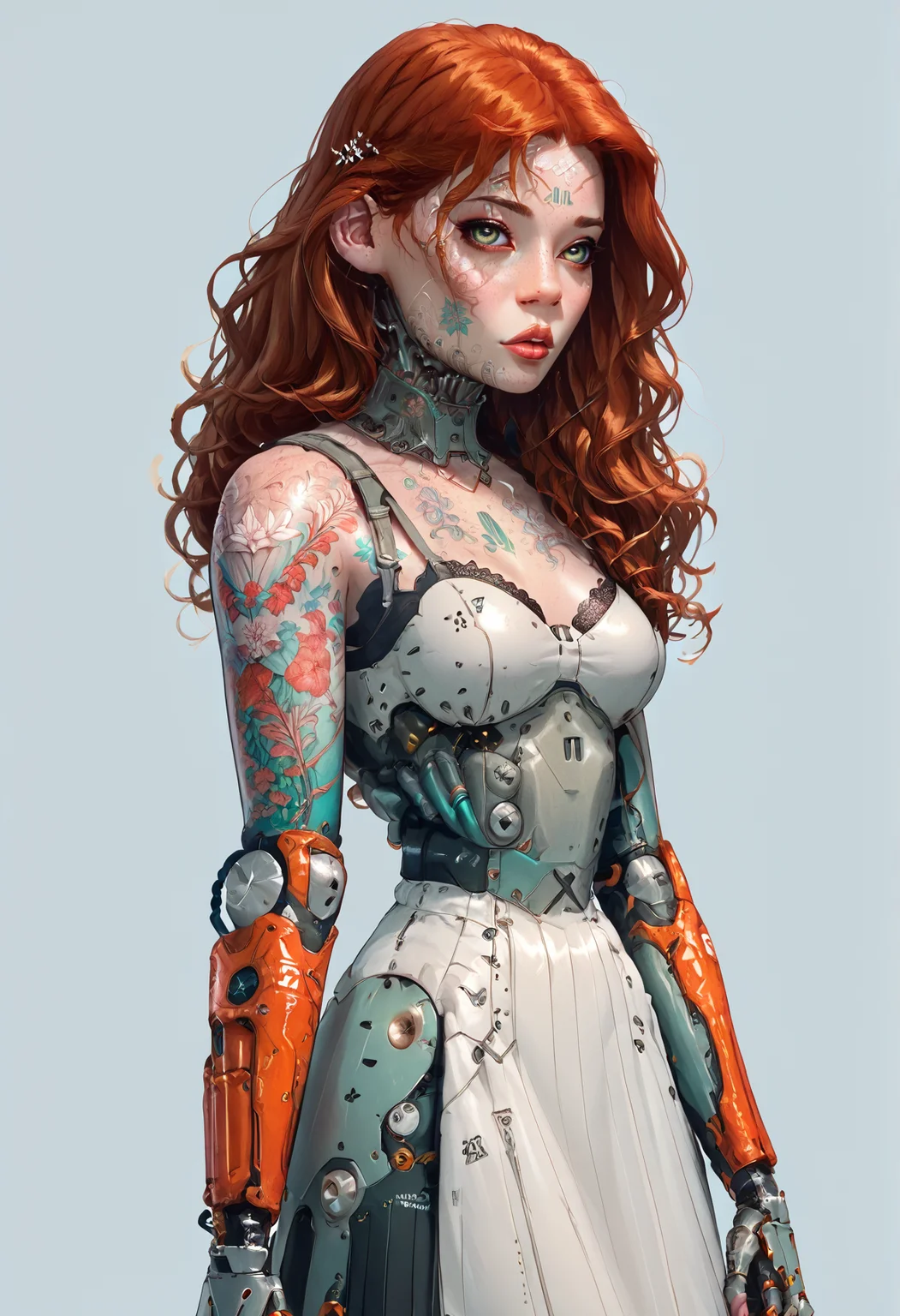 score_9,score_8_up,score_7_up,score_6_up,score_5_up,score_4_up,1 girl,solo,female focus,looking at the spectator,(Oval face, almond-shaped green eyes, full lips, shoulder-length wavy auburn hair, 5'6", 120 lbs, medium breasts, narrow waist, hourglass figure, a sleeve tattoo on the right arm, light olive skin, high cheekbones, and a delicate dimple on the left cheek when smiling.:1.3),(A silver lace bra matched with a deep navy puffy mini skirt, and paired with sleek silver high heels on a platform, featuring beautiful lace designs and a voluminous silk skirt, providing a striking and sophisticated contrast.:1.3),(plain contrasting background:1.3),(full-length:1.5),hands,Perfect hand,Perfect feet,Perfect eyes,cyb0rg,science fiction,cable,mechanical parts,<lora:feet v3:1>,<lora:hand 4:1>,<lora:PerfectEyesXL:1>,zPDXL2,zPDXLpg,<lora:cyb0rgXLP:0.8>,<lora:add-detail-xl:1>,<lora:DP-Pony:1>,p33rs,<lora:incase-ilff-v3-4:0.2>,