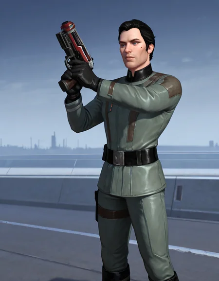 masterpiece, best quality, newest, perfect quality, best quality, detailed background, intricate details, male focus, realistic, <lora:SWTOR - Malavai Quinn - Illustrious-000010:0.7>, m_quinn, 1boy, mature male, black hair, blue eyes, mole on cheek, military jacket, gloves, belt, pants, boots, star wars, outdoors, space city, holding blaster, aiming