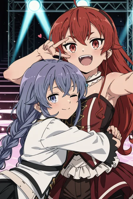 detailed background, shiny skin, posing,
<lora:mushoku.il:1>,
mushoku,
(2girls:1.5),
eris, roxy,
idol costume, shorts, skirts,
stage, stage light, glitters, sparkles,
happy, one eye closed, heart, hug, v, w, peace, upper body,